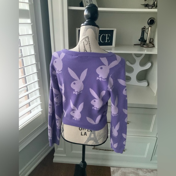 PLAYBOY Purple Knit Graphic Sweater Women’s Size Small - Picture 5 of 12